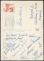 1960 Olimpiai Labdarúgó Válogatott által haza küldött képeslap Újvidékről, a Vojvodina - Olimpiai válogatott mérkőzésről (1960.III.2, 2:1), a válogatott tagjainak aláírásaival: Novák, Rákosi, Gelei, Várhidi, Dudás, Török és mások.