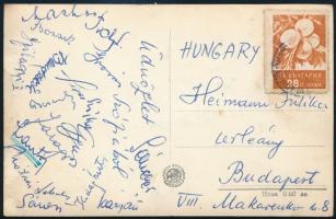 1957 A Magyar Labdarúgó Válogatott tagjainak képeslapja haza, Szófiából, a Bulgária: Magyarország (1:2) mérkőzésről, Grosics Gyula, Tichy Lajos, Bozsik József, Hidegkuti Nándor, Lantos Mihály, Sándor Károly, Machos Ferenc, Kárpáti Béla, Mátrai Sándor, Bundzsák Dezső, Sárosi László, Sipos Ferenc, Szojka Ferenc és mások.