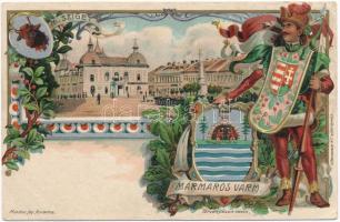 Máramarossziget, Sighetu Marmatiei; Máramaros Vármegye címere. Athenaeum kőnyomda kiadása. Szecessziós litho / coat of arms. Art Nouveau, floral, litho (EB)