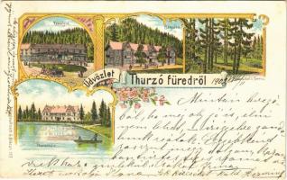 1902 Thurzófüred, Kupele Turzo (Gölnicbánya, Gelnica); vendéglő, Bányász szálló, Thurzóház. Wlaslowitszsch G. / restaurant, hotel villa. Art Nouveau, floral, litho