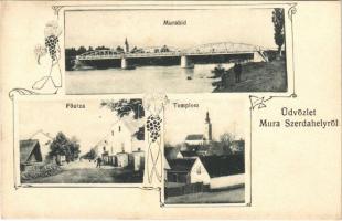 1910 Muraszerdahely, Mursko Sredisce; Mura híd, Fő utca, templom / Mur river, bridge, street,church. Art Nouveau