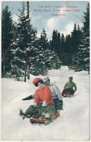 1912 Tátra, Vysoké Tatry; Téli élet a Magas Tátrában, Toboggan sport, irányítható szánkó / Winter-Sport in der Hohen Tatra / winter sport, toboggan, sled, controllable bobsled
