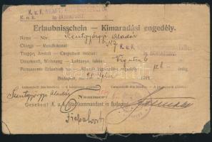 1917 Kimaradási engedély k.u.k. katona részére. / Erlaubnisschein