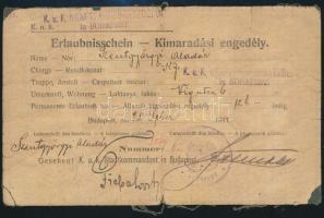 1917 Kimaradási engedély k.u.k. katona részére. / Erlaubnisschein