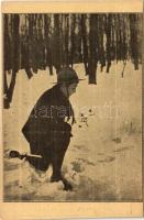 Nyomolvasás a hóban télen, cserkész. ARS kiadása / Abzählen der Spuren / Hungarian boy scout in the snow, track reading in winter + Herman Ottó Cserkészcsapat parancsnokság Miskolc (EK)