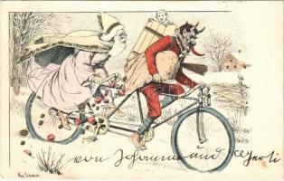 1903 Mikulás és Krampusz tandem biciklin / Saint Nicholas and Krampus on tandem bicycle s: Aug. Schubert