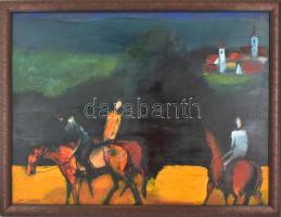 Kovács Tamás Vilmos (1951-): Lovasok a tájban, 1980. Olaj, farost, jelzett, hátoldalán autográf feli...