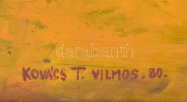 Kovács Tamás Vilmos (1951-): Lovasok a tájban, 1980. Olaj, farost, jelzett, hátoldalán autográf feli...