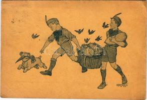 Cserkészek kutyával és egy kosárnyi zöldséggel / Hungarian boy scout art postcard, dog with carrot s: Márton L. (EB)
