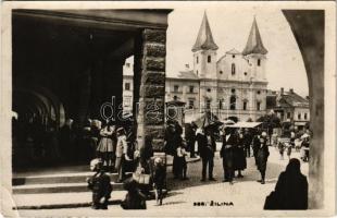 1932 Zsolna, Zilina; utcakép, piac, templom, Rothmann üzlete / street view, market, church, shops. O. Trávnicek (EM)
