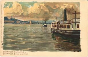 Budapest I. Buda látképe, gőzhajó. Kuenstlerpostkarte No. 2310. von Ottmar Zieher. litho s: Raoul Frank