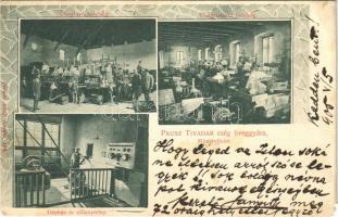 1905 Máriavölgy, Sárosmáriavölgy (Kőtelep, Kruzslyó, Kruzlov); Pausz Tivadar üveggyára, üvegolvasztó és üvegcsiszoló terem, gépház és villanytelep, belső. Divald Adolf 194. / glass factory, interior, engine house, power plant, workers. Art Nouveau (EK)