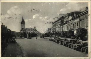 1936 Eperjes, Presov; Masaryková ulica / Masaryk utca, automobilok, templom / street view, church, automobiles (EK)