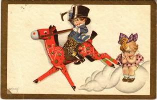 1933 Children art postcard, boy on toy horse. Degami 2198. artist signed (EB)