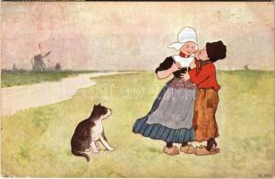 1911 Children art postcard, romantic couple, windmills, cat. B.K.W.I. 840-3. (EK)