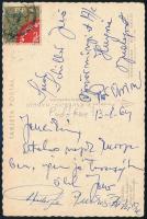1964 Puskás Ferenc és felesége által aláírt képeslap Spanyolországból, egy harmadik, ismeretlen aláírásával / Autograph signed postcard by footballer Puskas and his wife.
