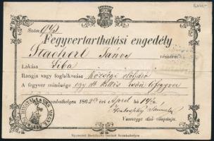 1862 Fegyvertartási engedély, Liba község elöljárója részére, 72 kr. okmánybélyeggel, hajtásnyommal