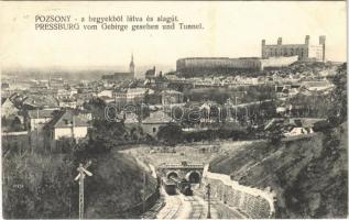 Pozsony, Pressburg, Bratislava; A hegyekből látva, vasúti alagút, vonatok, vár / view from the mountains, railway tunnel, trains
