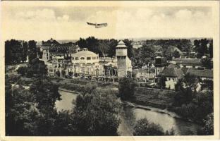 1933 Pöstyén, Piestany; látkép repülőgéppel, víztorony / panorama view with aircraft, water tower