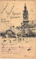1898 (Vorläufer) Ferendia, Ferend; Fő tér, községháza, templom. Rajzos művészlap / main square, town hall, church. Art postcard (EK)