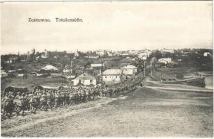 Zastavna, Zastawna; Totalansicht / general view with marching army, soldiers