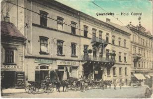 Chernivtsi, Czernowitz, Cernauti, Csernyivci; Hotel Central, shops of Gross, Marcus Arzt, Hermann Ende, Ch. Salzmann (EK)