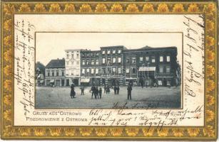 1903 Ostrowo, Ring / Rynek / square, shops of L. Brandy, Julius Reger, Max Friedlaender, W. Niestolowski, J. L. Nowicki. Art Nouveau, Emb. litho (EK)