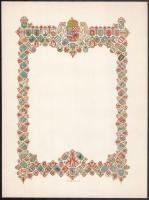 cca 1890 A Magyar Királyság angyalos, koronás nagycímerével, és a vármegyék címereivel díszített papírlap, (Bp.), Stádium Rt., 30x22 cm