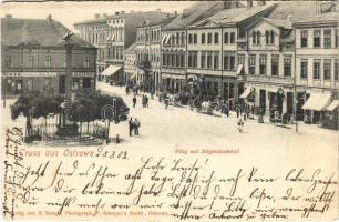 1902 Ostrowo, Ring mit Siegesdenkmal / square, military monument, shops of B. Brykczynski, E. Peiser, J. Zbaski, Gottschalts Hotel (EK)
