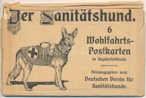 Der Sanitätshund - 6 Wohlfahrts-Postkarten in Kupfertiefdruck / Mentő kutya - 6 db régi első világháborús német katonai lap tokban / Medical dog - 6 pre-1945 WWI German military postcards in case