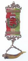 ~1900. Zománcozott címeres, több részből álló vadász(?) jelvény, nemzetiszín szalagon T:2 / Hungary ~1900. Multi-part Hunter(?) badge with enamelled Hungarian coat of arms C:XF