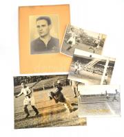 cca 1940 Zsengellér Gyula (1915-1999) legendás újpesti -, világbajnoki ezüstérmes magyar labdarúgó fotó hagyatéka, 5 db, egy fotó kartonon (Foto Ullmann, válogatott fotó, címeres mezben, 1940), a többi fotó, közte foltos, egyen a Nemzeti Sport bélyegzőjével, egy fotó sarkain kis törésnyomokkal és kis kopásnyomokkal, 28x39 cm és 17x23 cm közötti méretben
