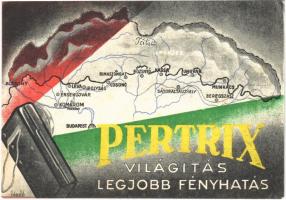 Pertrix világítás a legjobb fényhatás / Hungarian battery advertisement, irredenta art postcard (EK)