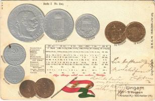 1904 Magyar pénzérmék, ezüst és arany díszített dombornyomott / Ungarn / Hungarian flag and set of coins with crone. H.S.M. golden and silver Emb. litho (fa)