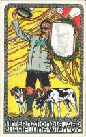 1910 Wien, Erste Internationale Jagdausstellung / The First International Hunting Exposition in Vienna. Hunting dogs with portrait of Franz Joseph. Advertisement art postcard s: Erwin Puchinger (EK)