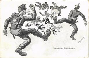 1914 Europäisches Fussballmatch / WWI military propaganda, Viribus Unitis soldiers playing football with the Allies of World War I, humour. Brüder Kohn Wien I. s: K. Th. Zelger (EK)