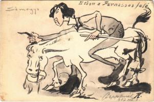 1902 Papp Aurél útban a Parnassos felé. Kézzel rajzolt karikatúra / hand-drawn caricature of Aurel Popp (Romanian painter), artist signed (EK)