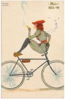 1908 All Heil VIII / Lady smoking a cigarette on bicycle. Art Nouveau litho s: Raphael Kirchner