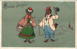 1909 Húsvéti üdvözlet. Kakas és tyúk pár / Easter greeting, Rooster and hen couple. Emb. litho