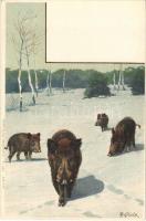 Vadászat: vaddisznó / Hunting art postcard, wild boars in winter. Erika Nr. 457. litho s: Mailick