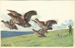 Vadászat: fácánok / Hunting art postcard, pheasants. Erika Nr. 452. litho s: Mailick