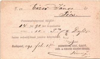 1891 (Vorläufer!) Budapest, Gschwindt-féle szesz-, élesztő-, likőr- és rumgyára Rt. reklámlap / Hung...