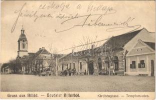 1912 Billéd, Biled; Templom utca, Tenner Ignác üzlete. A. Weiser kiadása / Kirchengasse / street, church, shops