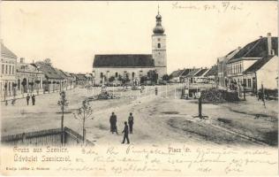 1904 Szenice, Szenicz, Senitz, Senica nad Myjavou; Piac tér, templom. Löffler J. kiadása / market square, church