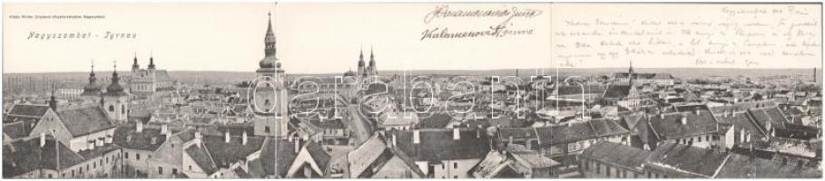 1904 Nagyszombat, Tyrnau, Trnava; látkép a zsinagógával. Három részes panorámalap / general view with synagogue. 3-tiled panoramacard (hajtásnál szakadt / bent til broken)