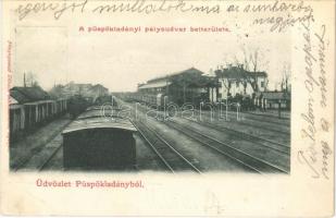 1903 Püspökladány, pályaudvar belterülete, vasútállomás, vágányok, vonatok. Divald