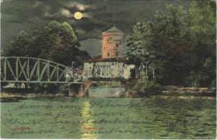 1913 Zsolna, Sillein, Zilina; Vág folyó, híd, Budatin vár, este / Budatínsky hrad / castle at night, Váh river, bridge