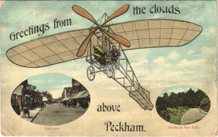Peckham (London), Greetings from the clouds above Rye Lane and Park. Montage with aircraft (Rb)