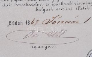 Buda 1867. "A Budai Kereskedelmi és Iparbank" névre szóló részvénye 200Ft-ról, magyar és n...