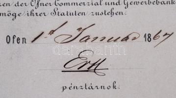 Buda 1867. "A Budai Kereskedelmi és Iparbank" névre szóló részvénye 200Ft-ról, magyar és n...